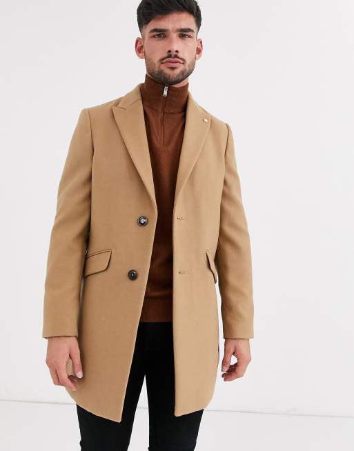 Burton Menswear faux wool overcoat in camel ASOS