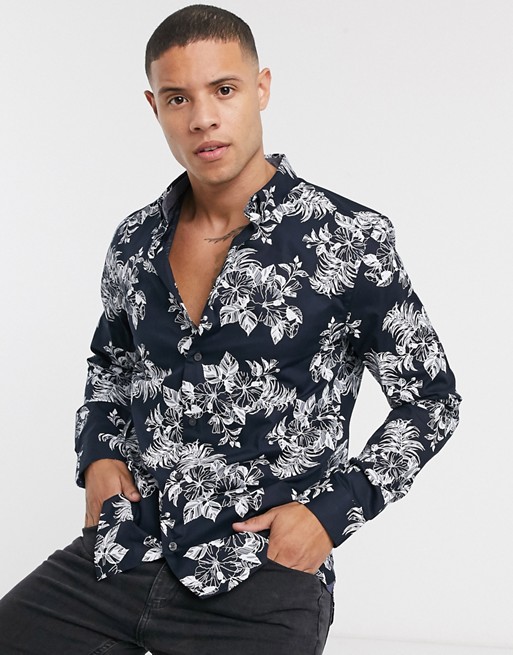 Burton Menswear formal shirt in navy floral print