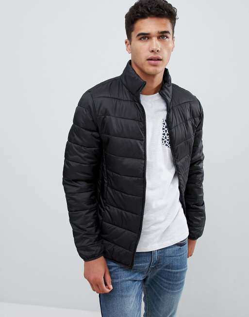 Burton Menswear funnel neck quilted jacket in black | ASOS