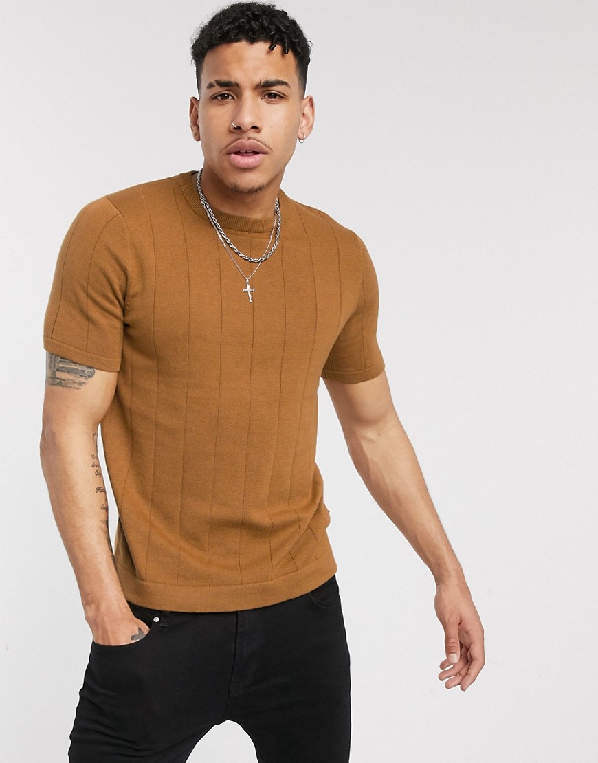 Burton Menswear - Gebreid geribbeld T-shirt in tabakskleur-Bruin