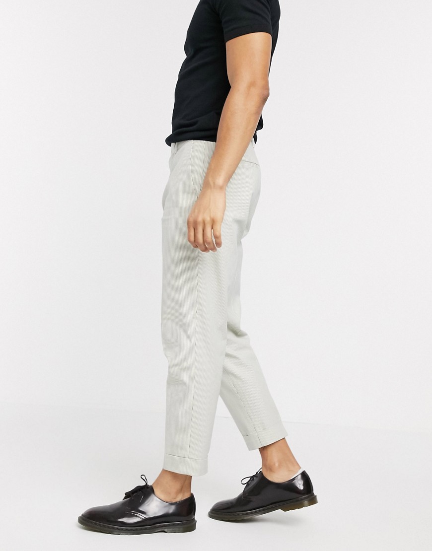 Burton Menswear - Gestreepte broek met wijde pijpen in wit en marineblauw-Kiezelkleurig