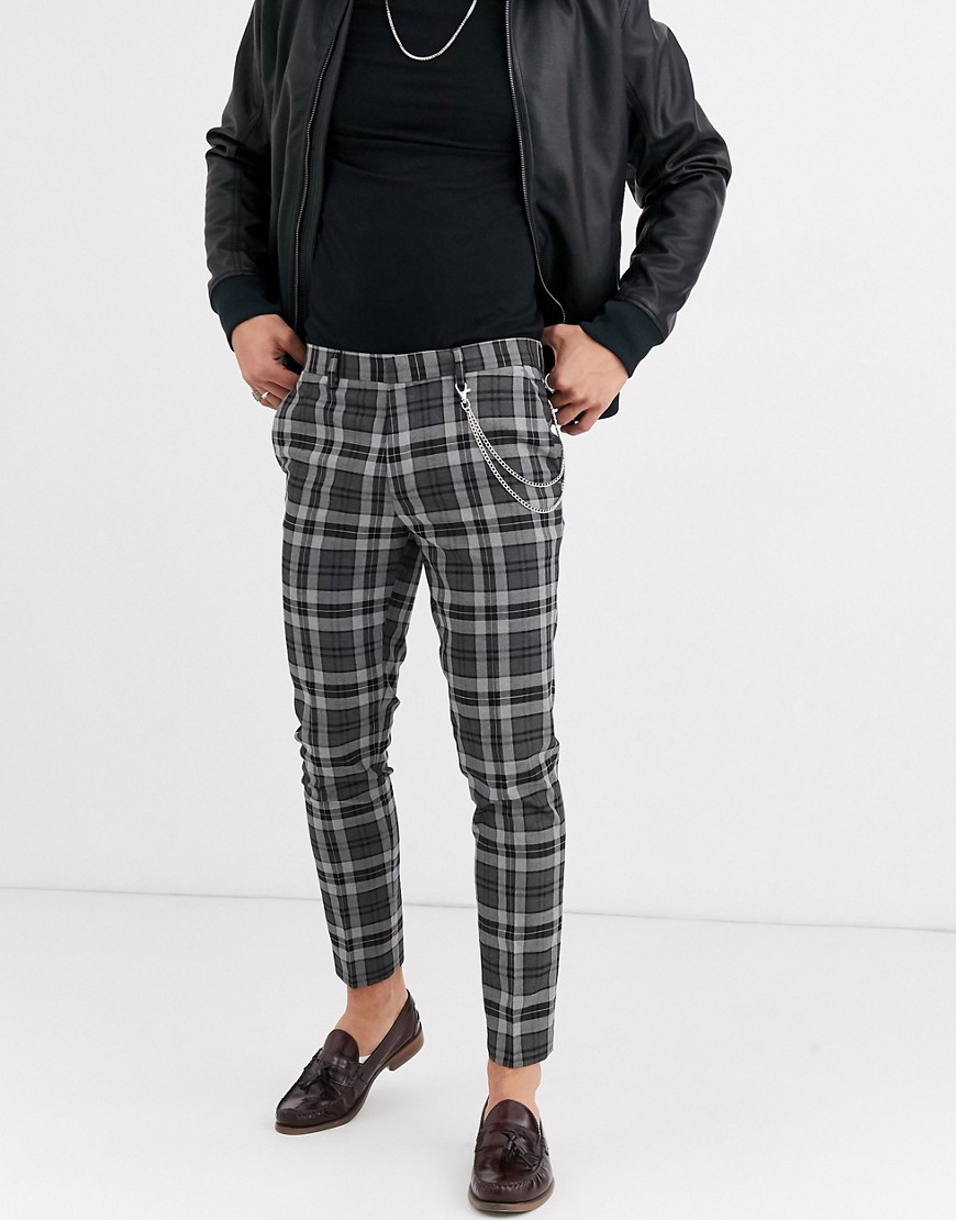 Burton Menswear - grå og sorte skotsternede smarte bukser i skinny pasform