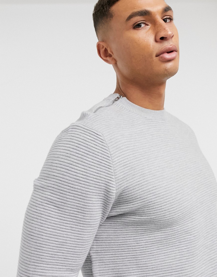 Burton Menswear – Grå ribbstickad tröja med dragkedjor i sidan