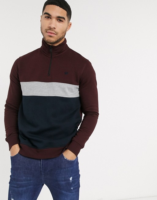 Burton Menswear half zip cut & sew jumper in burgundy