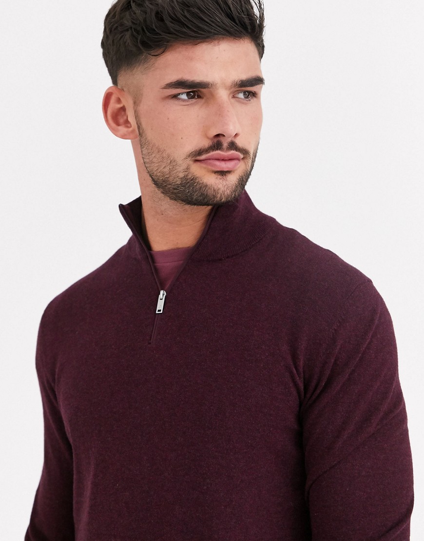Burton Menswear half zip jumper in burgundy-Red