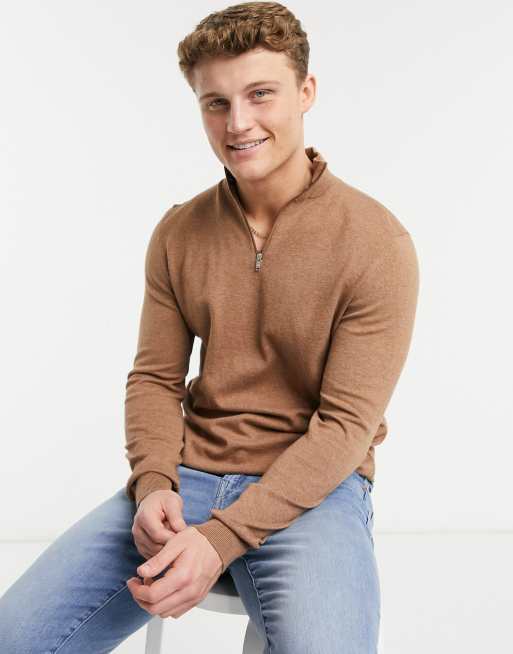 Burton Menswear half zip jumper in tan ASOS