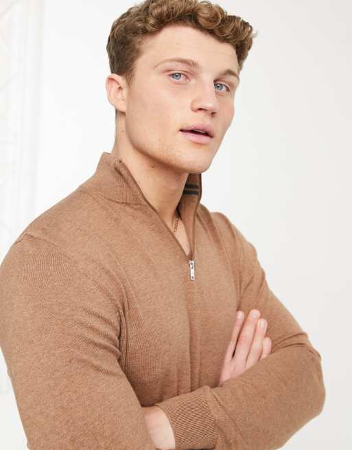 Burton Menswear half zip jumper in tan