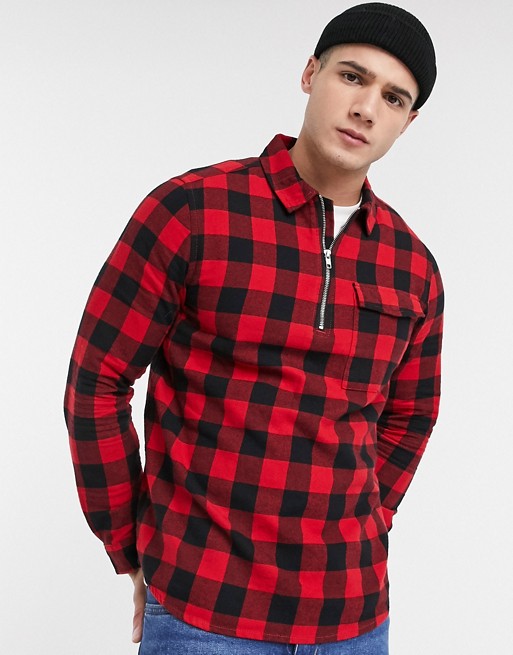 Burton Menswear half zip shirt in red check