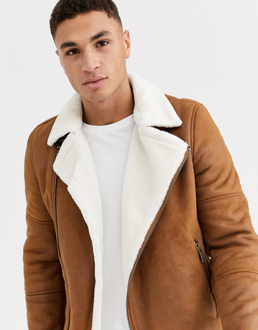Burton Menswear - Jack van imitatieschapenvacht in bruin-Zwart
