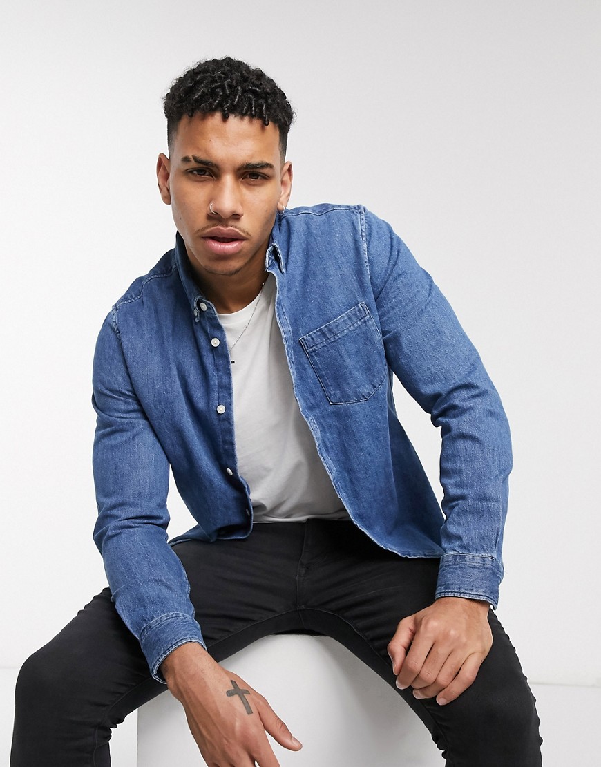 Burton Menswear – Jeansskjorta i mellanblå tvätt
