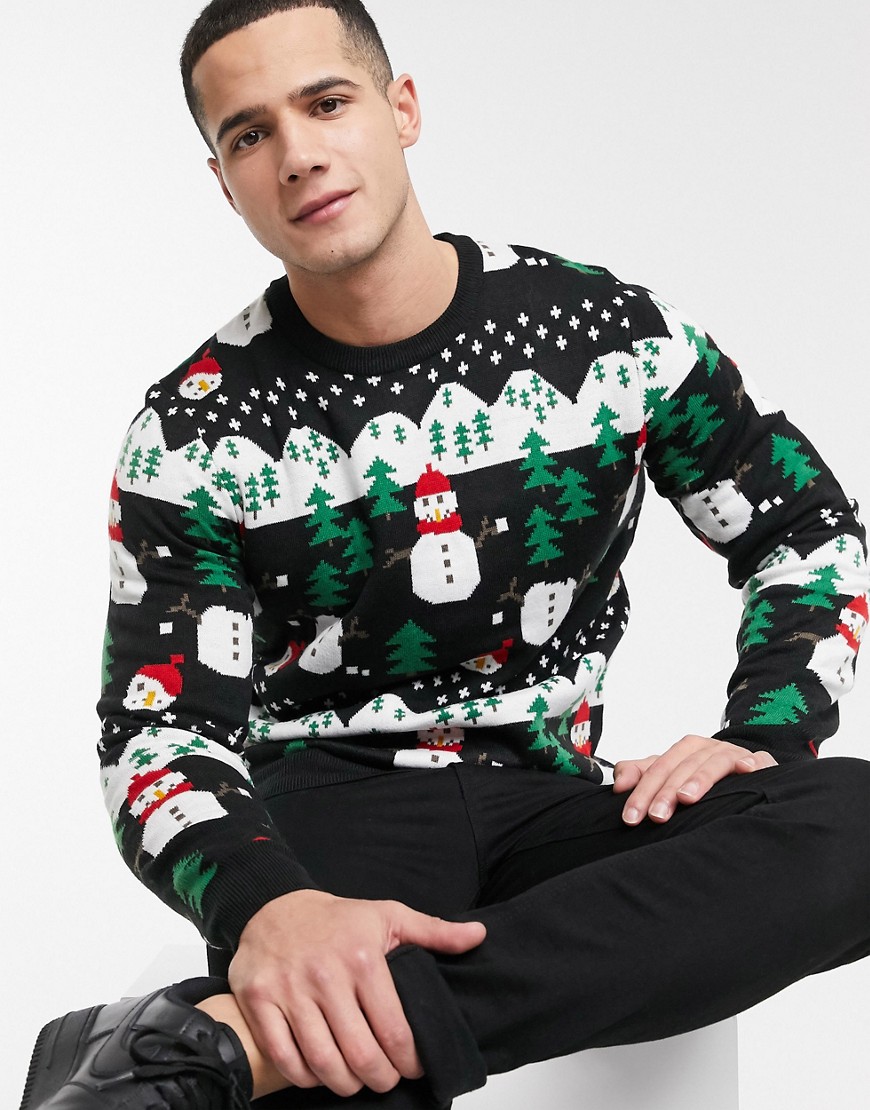 Burton Menswear - juletrøje med sneboldskamp motiv-Sort