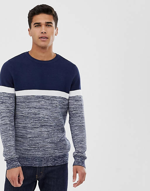 Burton Menswear jumper in navy block stripe | ASOS