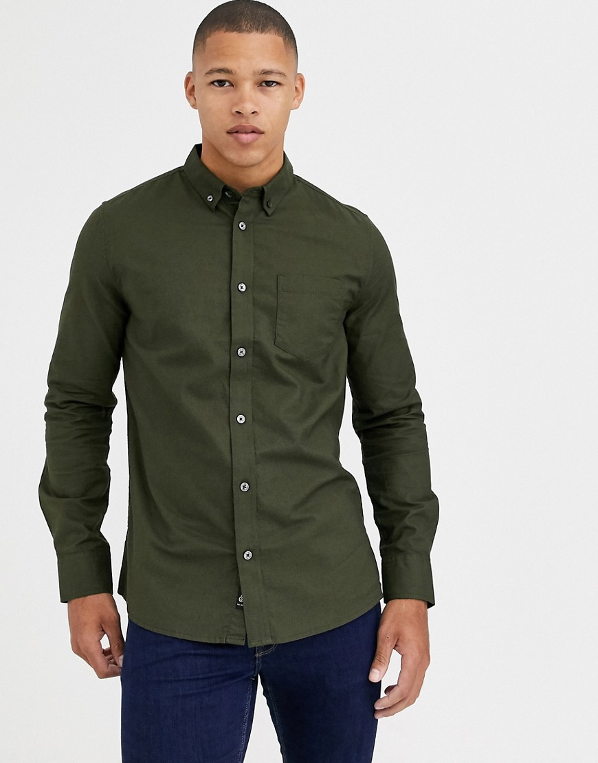 Burton Menswear - Khaki oxford-skjorte med lange ærmer-Grøn
