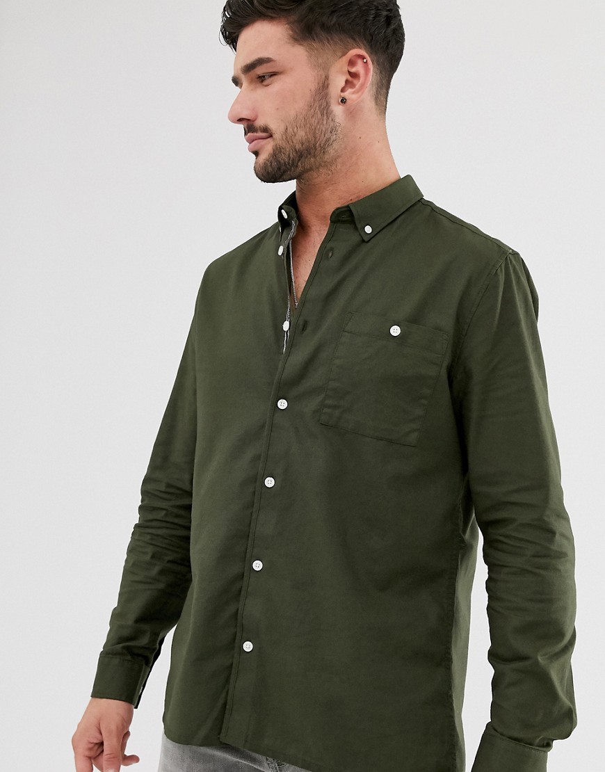 Burton Menswear – Khakifärgad ekologisk oxfordskjorta med lång ärm-Grön