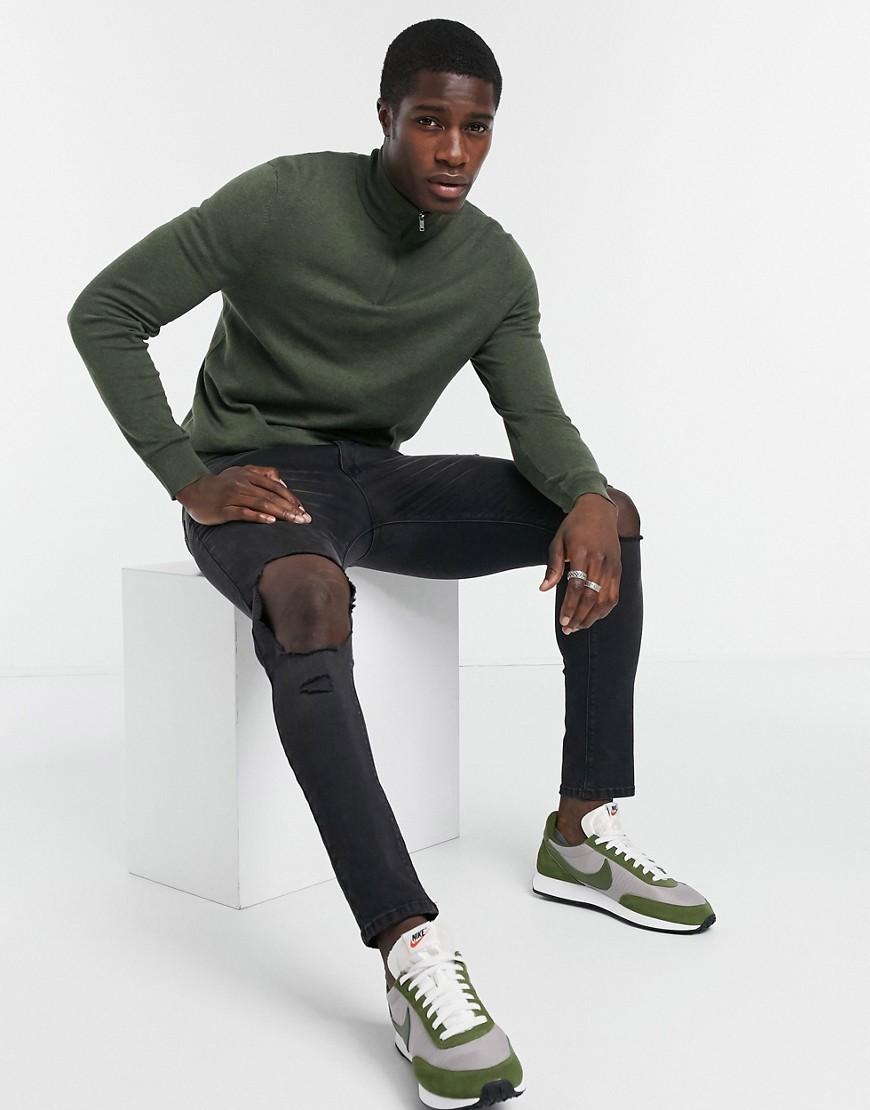 Burton Menswear – Khakifärgad stickad tröja i ekologiskt material med kort dragkedja-Grön