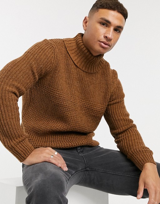 Burton Menswear knitted chunky roll neck jumper in tobacco
