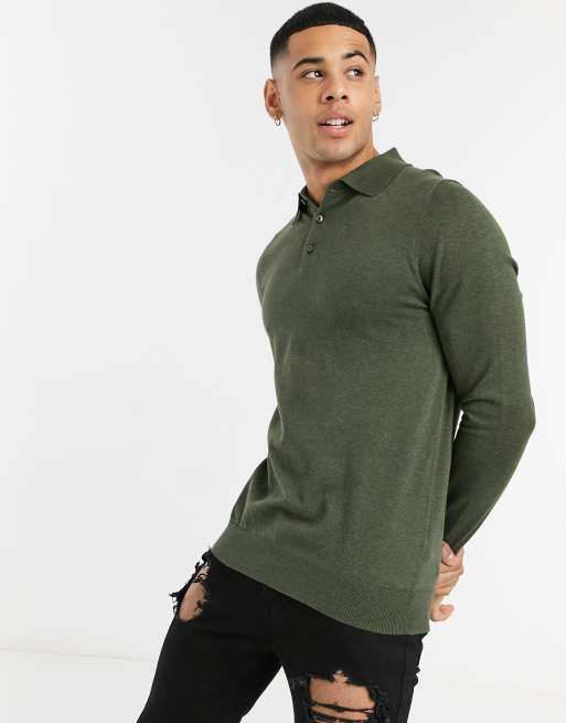 Burton Menswear knitted long sleeve polo in khaki