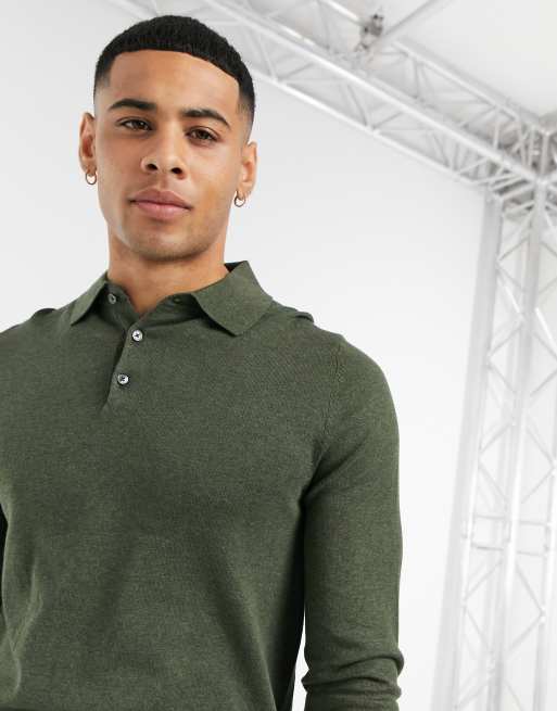 Burton Menswear knitted long sleeve polo in khaki ASOS