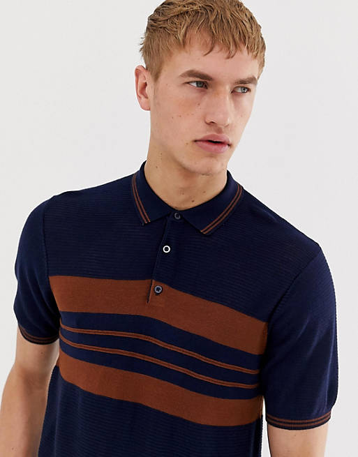 Burton Menswear knitted polo in navy stripe | ASOS