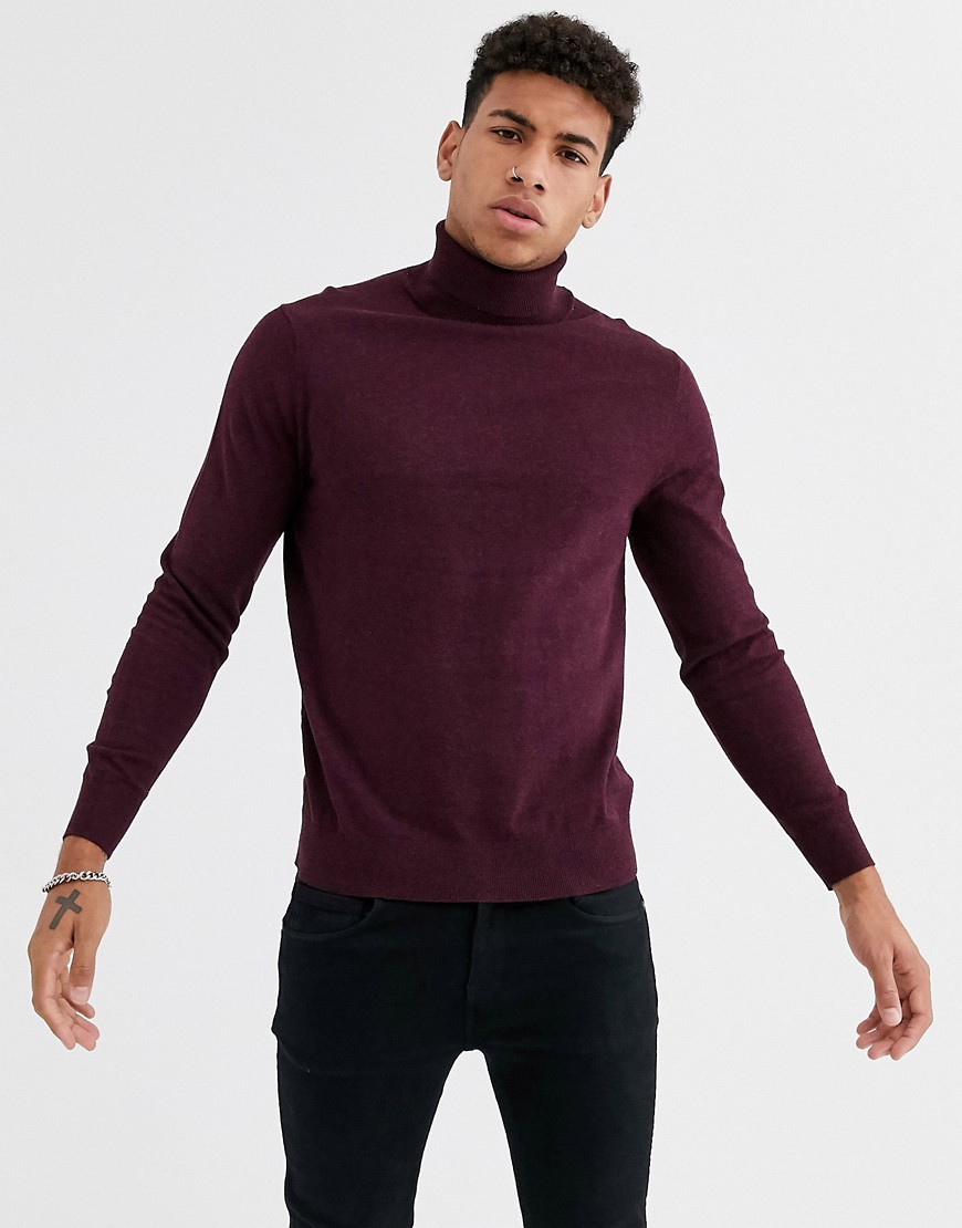 Burton Menswear knitted roll neck jumper in burgundy-Red