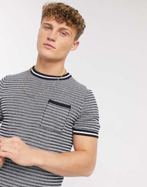 Burton Menswear knitted t shirt with geo print in navy