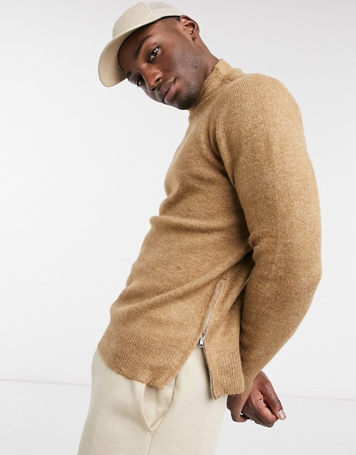 Burton Menswear knitted turtle neck jumper with side zip in camel