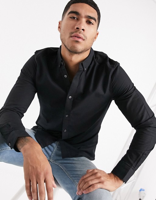 Burton Menswear organic cotton  long sleeve skinny oxford shirt in black