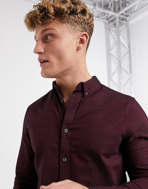 Burton Menswear organic cotton long sleeve skinny oxford shirt in burgundy