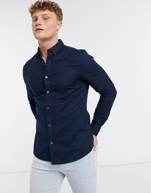 Burton Menswear organic cotton long sleeve skinny oxford shirt in navy