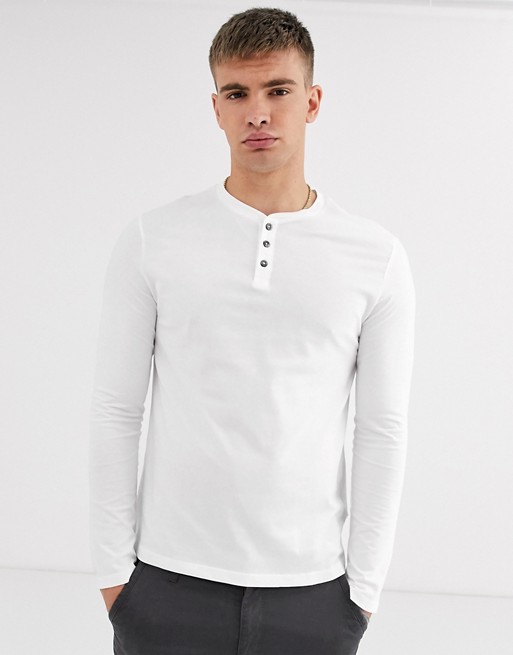 Burton Menswear long sleeve t-shirt with granddad collar in white