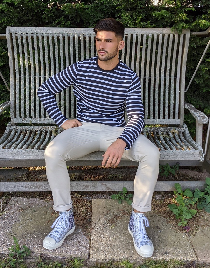 Burton Menswear long sleeve waffle t-shirt with stripe in navy