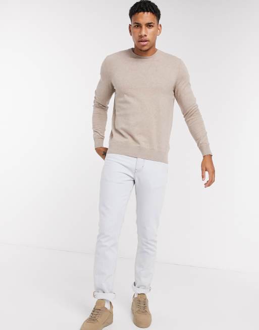 Burton Menswear - Maglione girocollo in misto cotone color pietra - BEIGE