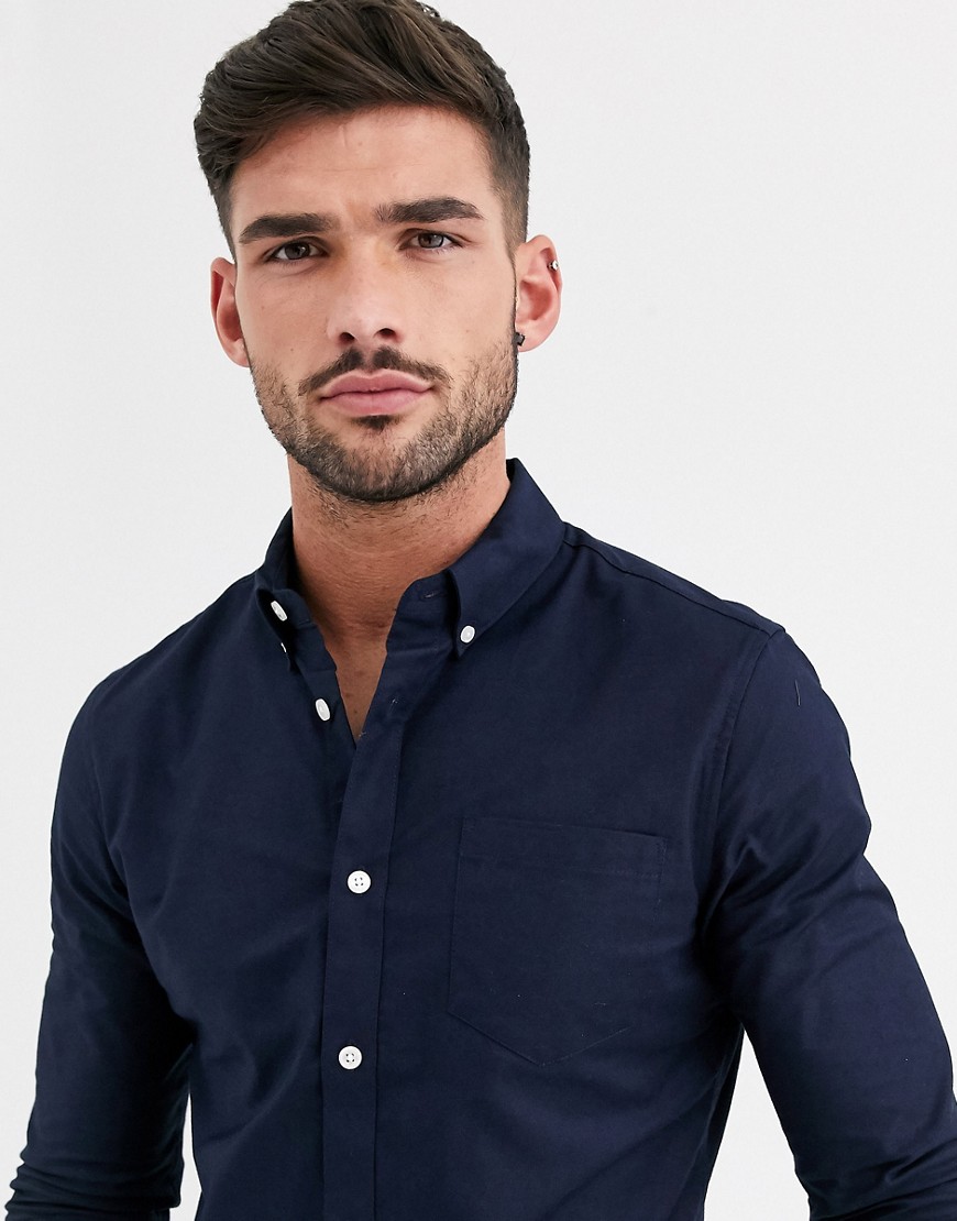 Burton Menswear – Marinblå oxfordskjorta med lång ärm
