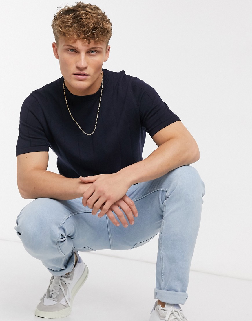 Burton Menswear – Marinblå, ribbstickad t-sshirt