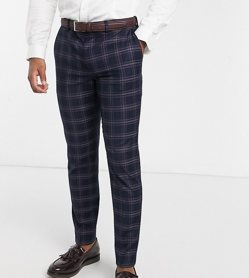 Burton Menswear – Marinblå skotskrutiga kostymbyxor med extra smal passform