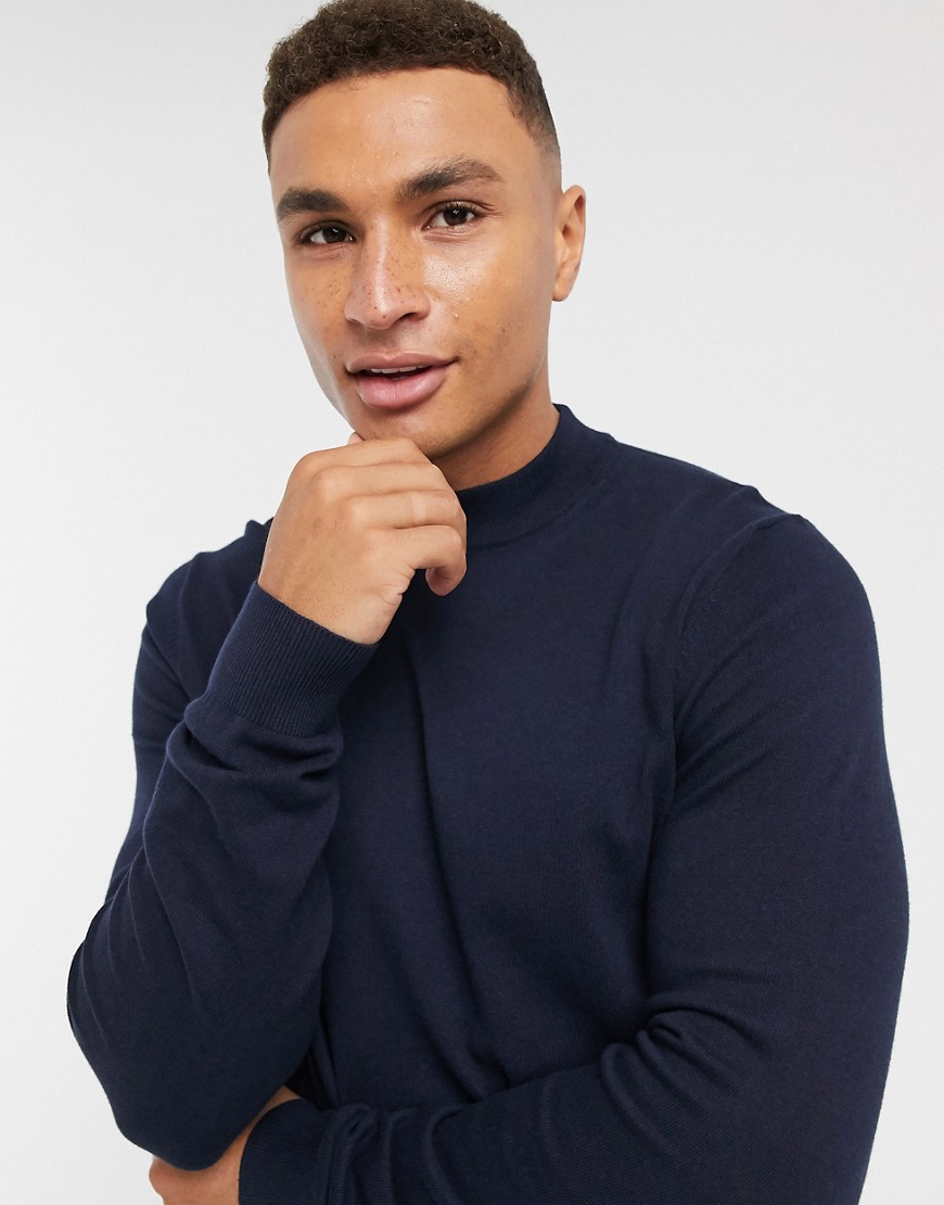 Burton Menswear – Marinblå, stickad tröja i ekologiskt material med halvpolokrage