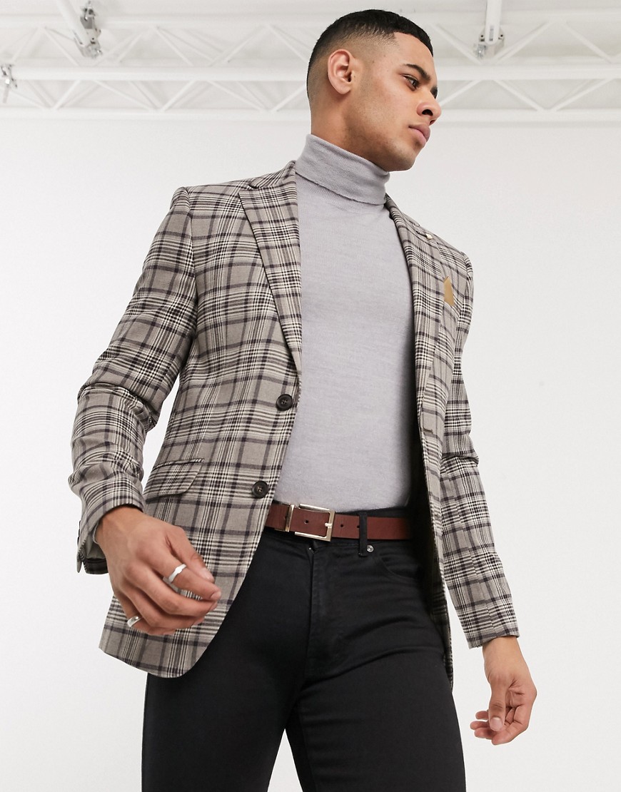 Burton Menswear – Mörkblå- och brunrutig blazer med extra smal passform