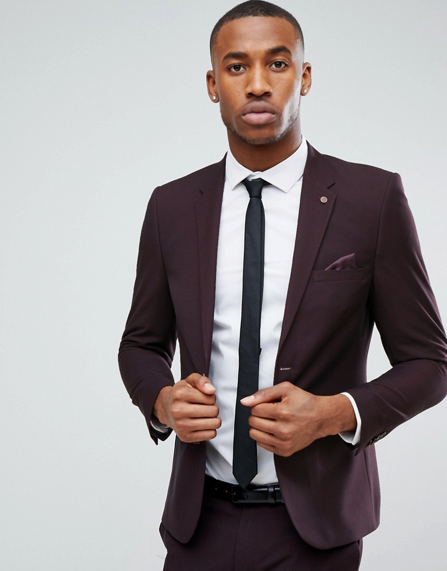 Burton Menswear – Mörkt vinröd kostymjacka med extra smal passform-Brun