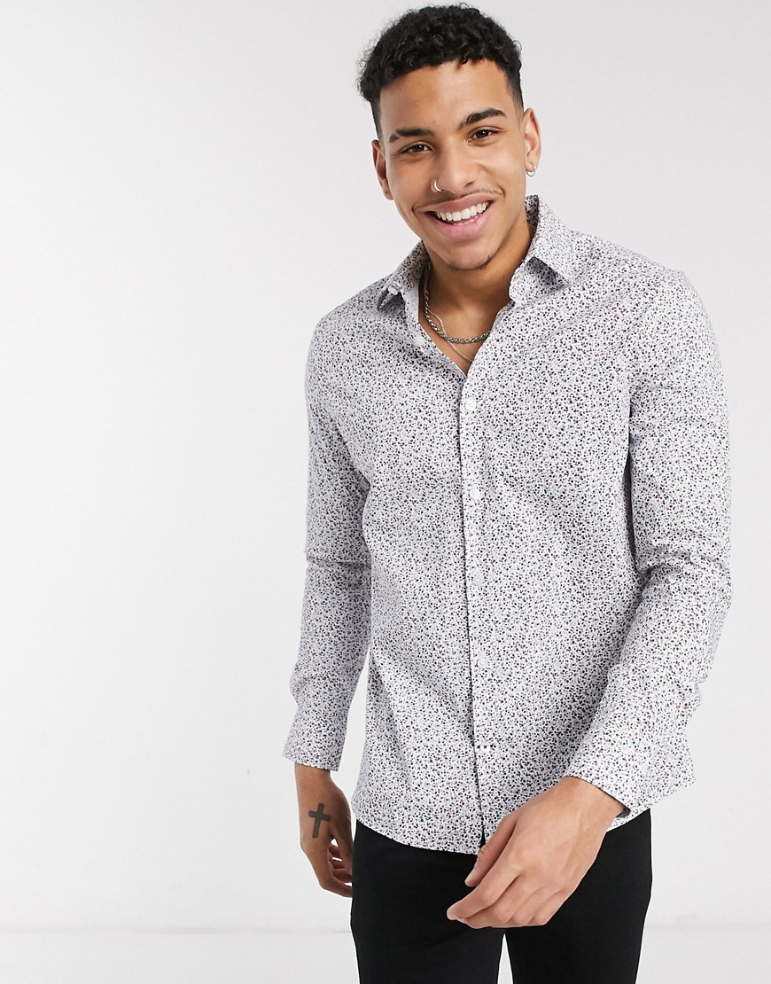 Burton Menswear - Net overhemd met bloemenprint in wit-Blauw