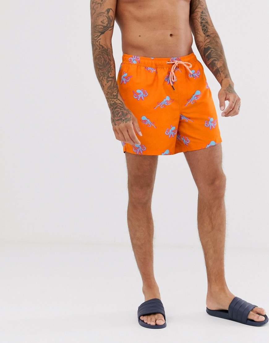 Burton Menswear – Orangefärgade badshorts med bläckfiskmönster
