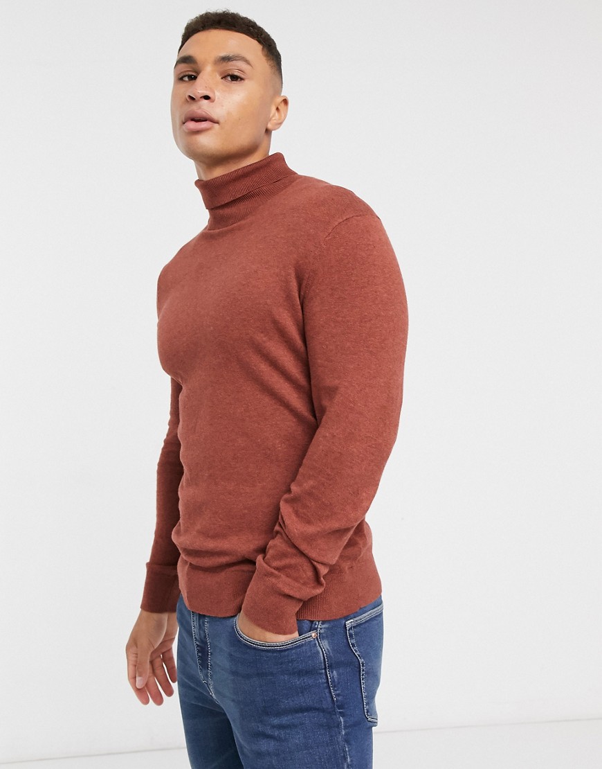 Burton Menswear organic cotton blend knitted roll neck jumper in brown