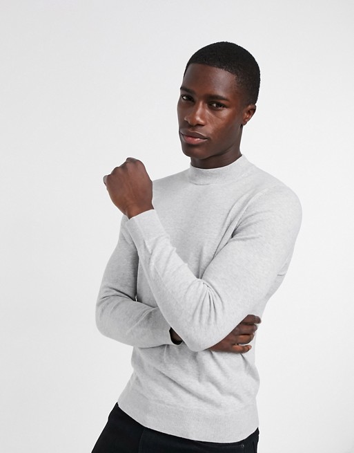 Burton Menswear cotton blend knitted turtle neck jumper in light grey - GREY