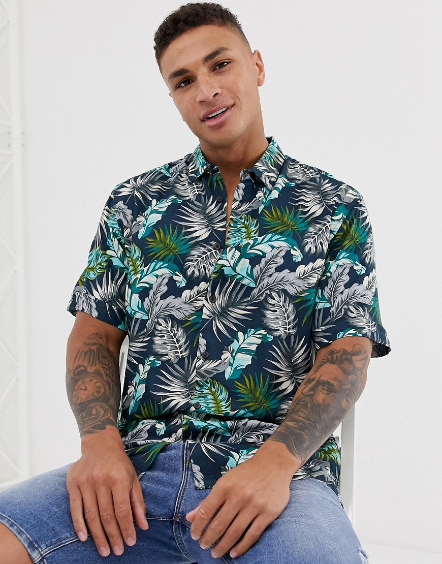Burton Menswear - Overhemd met reverskraag en bladprint-Blauw