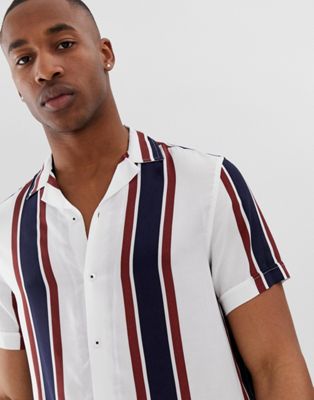 Burton Menswear - Overhemd met reverskraag in bordeauxrode en marineblauwe strepen-Rood