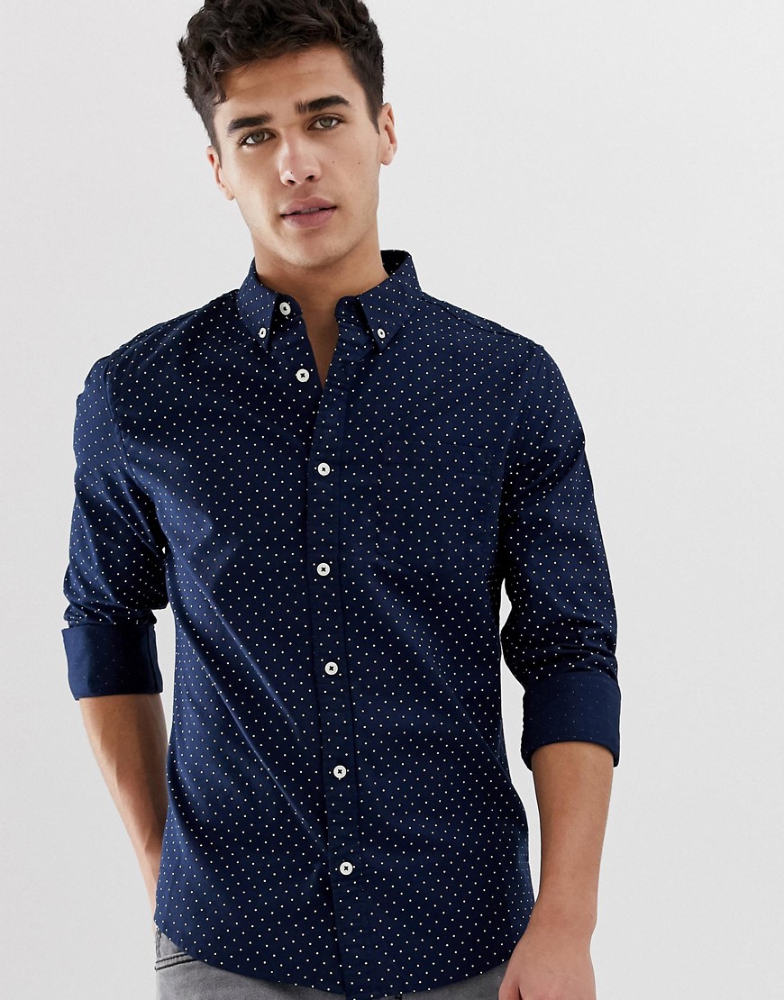 Burton Menswear - Oxford overhemd met marineblauwe stippen