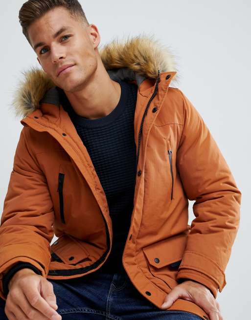 Burton Menswear parka with faux fur hood in rust