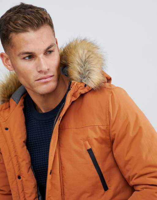 Burton Menswear parka with faux fur hood in rust