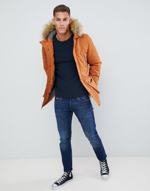 Burton Menswear parka with faux fur hood in rust