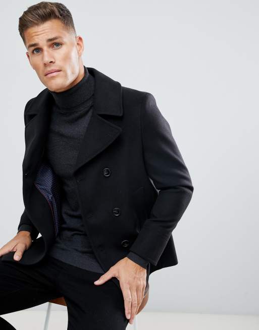 Burton Menswear pea coat in faux wool in black ASOS