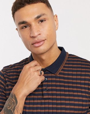 Burton Menswear – Polohemd in Marine & Braun gestreift